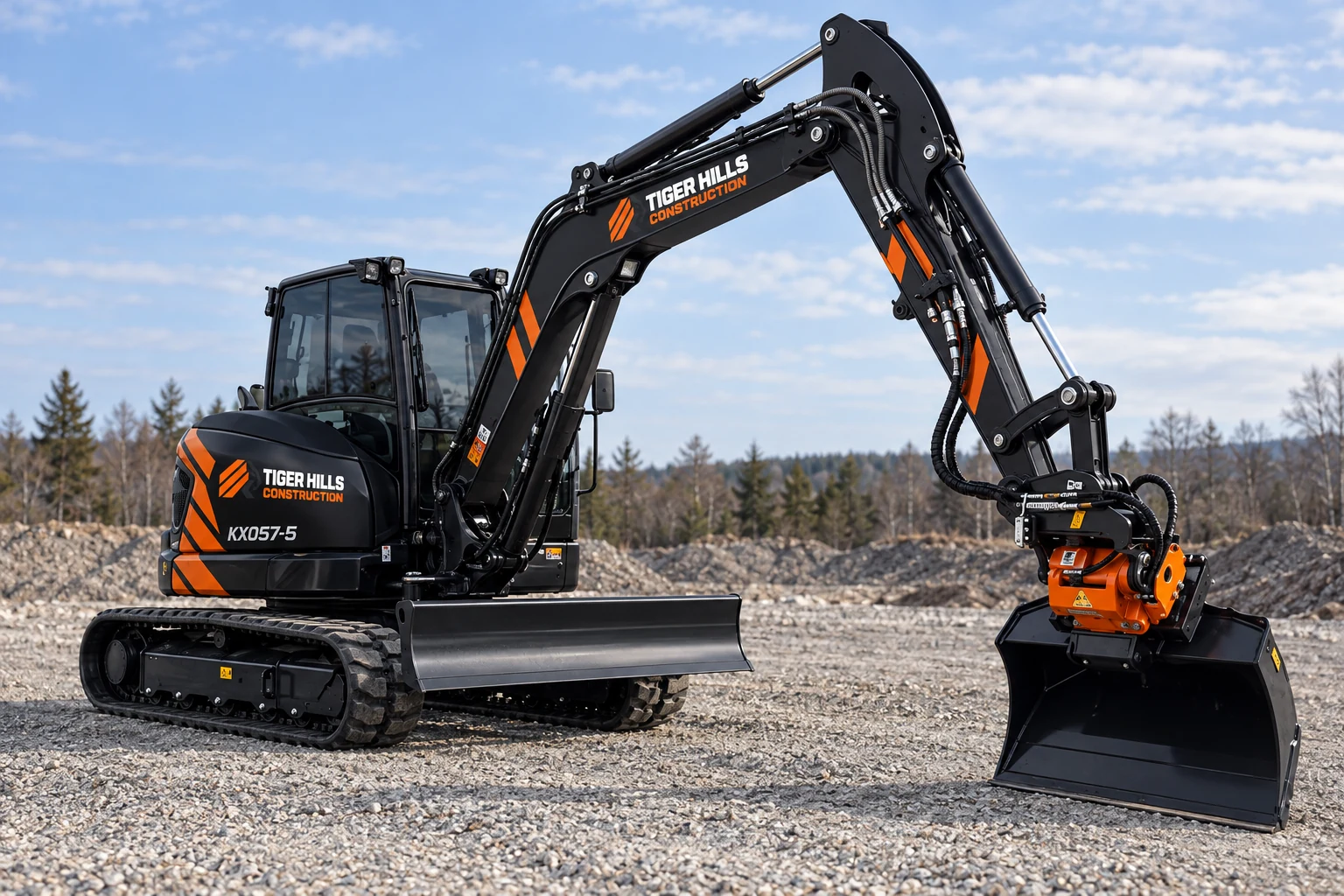 Black and orange Tiger Hills wrap concept on a Kubota KX057-5 excavator.