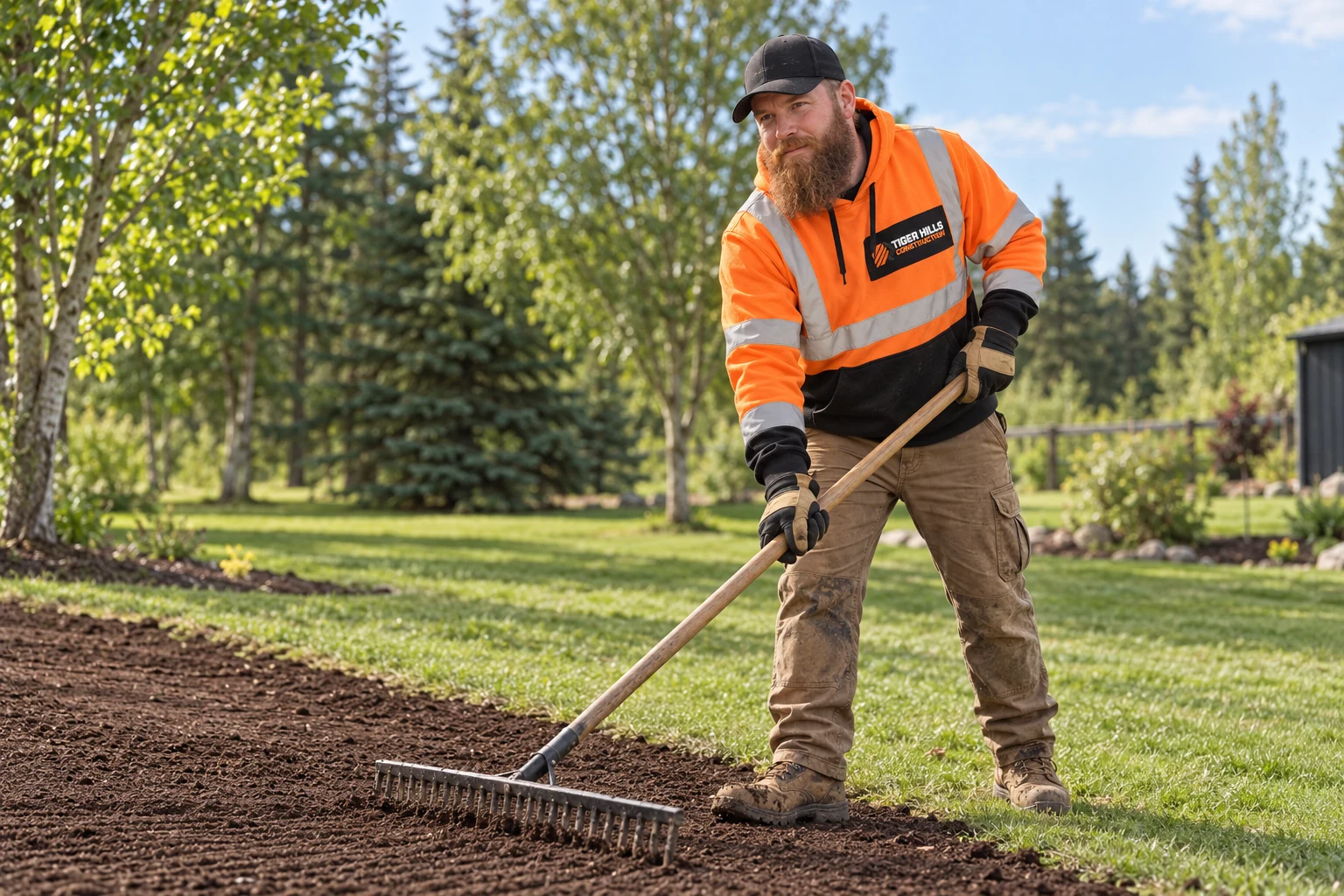 Rhys Collyer in a Tiger Hills high-vis hoodie raking topsoil.